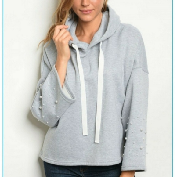 Casting, L.A. Tops - Pearl Studded Hooded Sweatshirt Fleece Lined